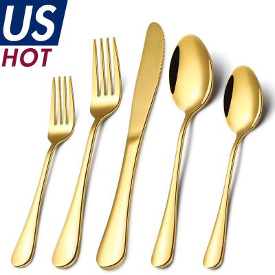 China Sustainable 304 18/8 Stainless Steel Spoon And Fork Dinner Utensils Sets Party Silverware Gold Color Brushed Flatware Set for sale