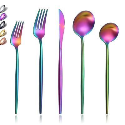 China Colorful Stainless Steel Viable Custom Metal Silverware Sets Wedding Surface 20 Pieces Matt Rainbow Flatware Cutlery Set for sale