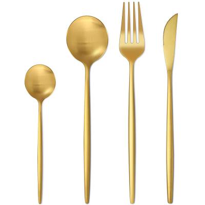 China Viable Luxury Colorful Flat Dinnerware Sets Wedding 24Pcs Matte Gold Plated Cutlery Set Stainless Steel Bulk Restaurant for sale