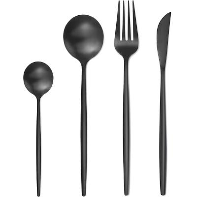 China Viable Custom Portuguese Dining Pieces Matte Black Cutlery Stainless Steel Silverware Knife Fork Spoon 24 Pieces Set for sale