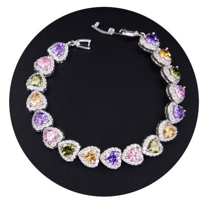 China Trendy fashion jewelry hot sales kaidimei zirconia heart link chain white gold colorful bracelet for sale