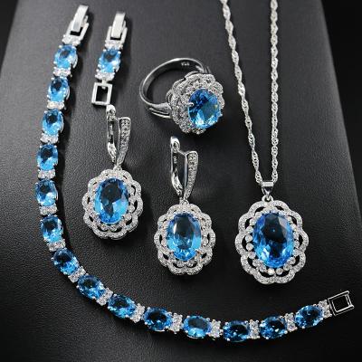 China BOHEMIA Sky Blue Cut Luxury Colorful Oval Diamond Zircon Wedding Bridal Engagement Ring Three Pieces Jewelry Set for sale