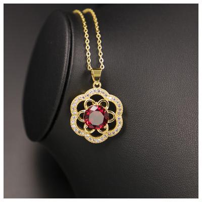 China Women's JEWELRY 18K Red Color Cubic Zirconia Necklace Earring 3Pieces ROSE Flower Fashion Jewelry Set CLASSIC HOT SALE for sale