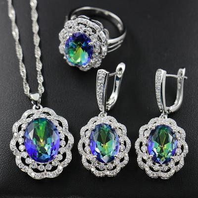 China Factory Direct CLASSIC Marquis Topaz White Gold Plated Jewelry Set Big Flower Shape Sapphire Women Necklaces And Earrings Sets for sale