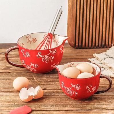 China Durable Fast Shipping Disposable Tableware Mixing Bowl With Handle Printing Sakura Microwave Safe Ceramic Bowls for sale