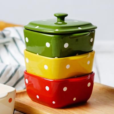 China Hand Painted Polka Dot Small Ceramic Bowl Supporting Bowl Good Quality Custom Square Ceramic Cookware With Lid for sale