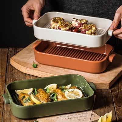 China Hot Selling Bakeware Rectangular Custom Size Sustainable Baking Tray Bakeware Cake Pans Ceramic Bakeware Dishes With Handle for sale