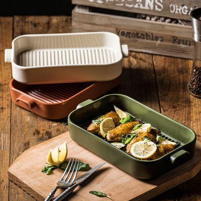 China Home Serving Tray Rectangular Viable Bakeware Custom Size Kitchen Bakeware Ceramic Bakeware With Handle for sale