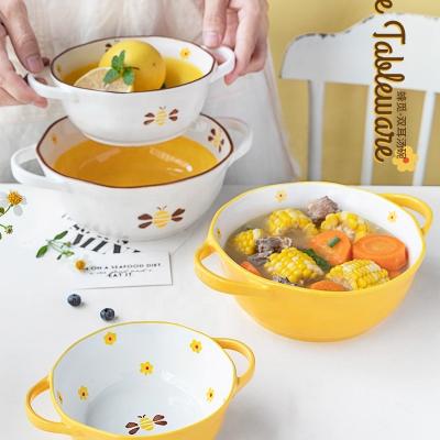 China Viable Hand Painted Home Accessories Kitchen Bowl Beautiful Ceramic Tableware Microwave Safe Ramen Soup Bowl With Double Ears for sale