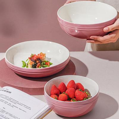 China Sustainable Kitchen Dinnerware Universal Ceramic Dishes Dinnerware Pink Bowl Set Durable Ceramic Pot And Soup Bowl Set for sale