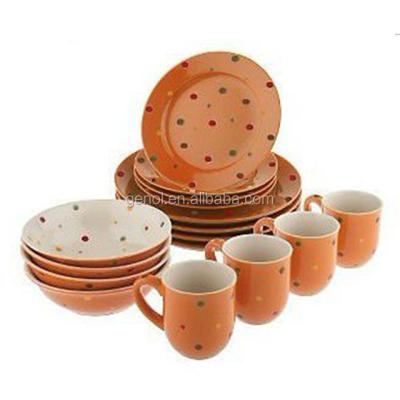 China Orange Polka Dot Disposable 16 Piece Dinnerware Set for 4 for sale