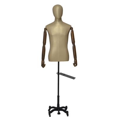 China Other Half Body Wrap Male Champagne Leather Mannequin Fabric Display Mock With Wooden Arm Adjustable Pulley Base for sale