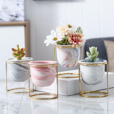 China Modern Nordic Creative Marble Succulent Indoor Decor Ceramic Flower Plant Pots With Gold Iron Frame for sale