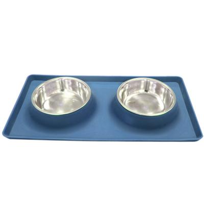 China Sustainable Dog Cat Bowls 2 Stainless Steel Dog Bowl Without Puddle Non-Slip Silicone Mat for sale