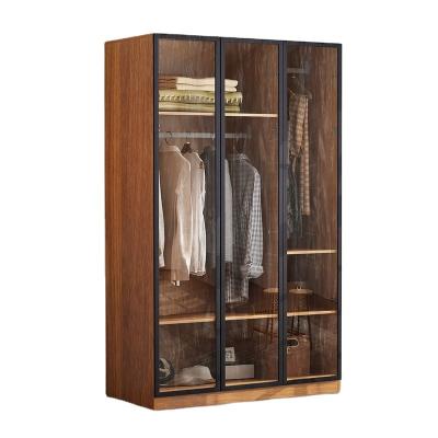 China Eco-friendly modern simple solid wood luxury overall wardrobe door Nordic custom light glass sliding door cloakroom bedroom wardrobe for sale