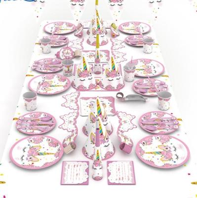 China Disposable Girl Birthday Party Supplies Dining Table Decoration Napkin Dish Cup Set Pink Princess Unicorn Theme Tableware for sale