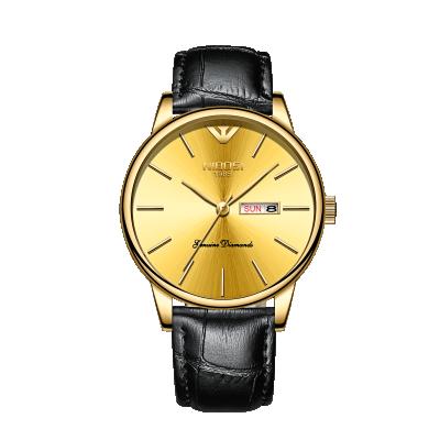 China Simple Chronograph Gold Face Black Strap Display Day Week Leather Watches For Men for sale