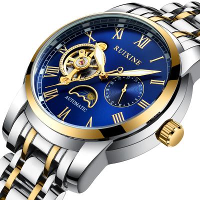 China Ruixine day/date smartwatch moonphase bule dial men wristwatch stainless steel mechanical waterproof band mechanical wristwatch for sale