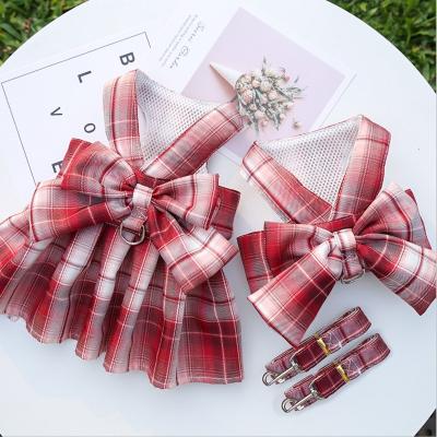 China Viable Red Cotton Material Pet Skirt Style Grid Cotton Harness Set With Pull Leash for sale