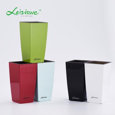 China Leizisure Modern Office Table Plastic Mini Small Tall Square Ceramic Trapezoid Self Watering Plant Pot for sale