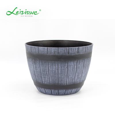 China Leizisure Wooden Garden Plastic Maceta CLASSIC Pot Like Wine Bottle Barrel Crossed Flower Pot for sale