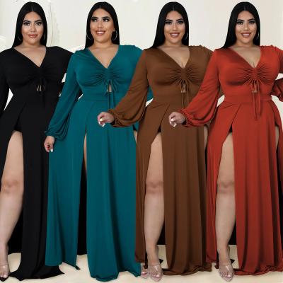 China AliExpress European and American fashion solid color anti-static plus size women's V-neck long sleeve hollow skirt strappy dress for sale