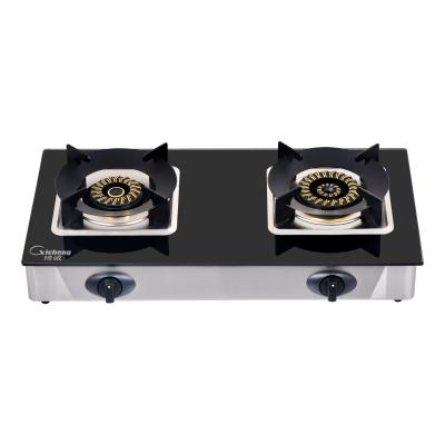 China Hotel Gold Color Steel Double Burner Tabletop Gas Cooktop for sale