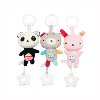 China Baby Toy Cute Stuffed Animal Rabbit Panda Bear Clip On Pram Plush Baby Bell Inflatable Rattle Bed Soothing Toy for sale