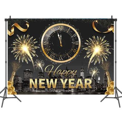 China Vinyl happy new year theme party decoration letter photography background cloth firework clock backdrop for sale