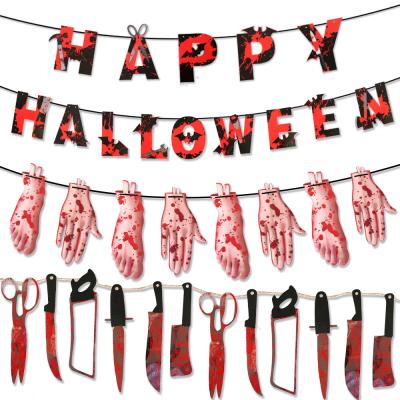 China Disposable Happy Flag Banner Eco-Friendly Print Hand Blood Halloween Horror Theme Party Decoration for sale