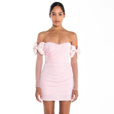 China Women Anti-Wrinkle Mesh Strapless Ruched Bodycon Dresses Backless Hidden Bow Tie Sleeve Zippers Tank Top Striped Mini Corset Party Dress for sale