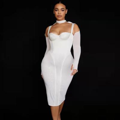 China Elegant Pure Silk Stretch Mesh Long Sleeve Bardot Hollow Anti-Wrinkle Anti-Wrinkle Silk Satin Padded Yarn Ladies Midi Bodycon One Piece Dress for sale