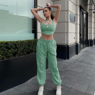 China Anti Wrinkle Anti Wrinkle Sport For Zum Ba Long Pants Fit Casual Autumn Tracksuit Set Ladies Clothes Drawstring Crop One Shoulder Halter Head Strap for sale