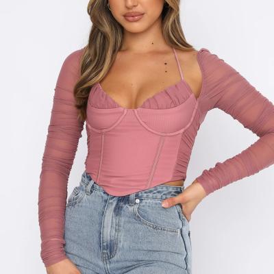 China Self-tie QUICK DRY QUICK DRY Long Sleeve Stretch Back Halter Off Wire Corset Boning Tube Nightclub Wearing Casual Crop Top for sale