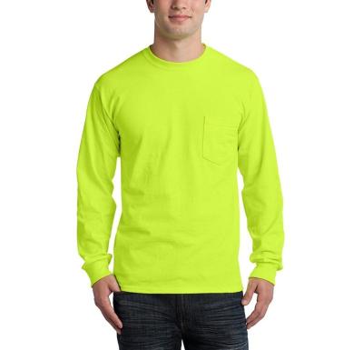 China Anti-pilling cotton long sleeve t-shirt with pocket - safety green for sale