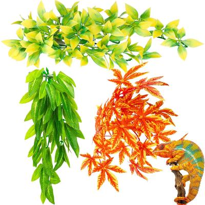 China Aquarium Landscape Decoration 3 Pieces Reptile Plants Mini Greenhouse Artificial Plastic Plants Hanging Silk Plants With Suction Cups For Lizards Geckos Snake Beard for sale