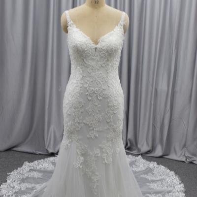 China v-neck Appliqued parride beaded wedding dresses mermaid backless lace bridal dresses for sale