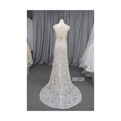 China Breathable Fashionable Mermaid Halter Wedding Dresses Satin Embroidered White Lace Wedding Dress For Women for sale