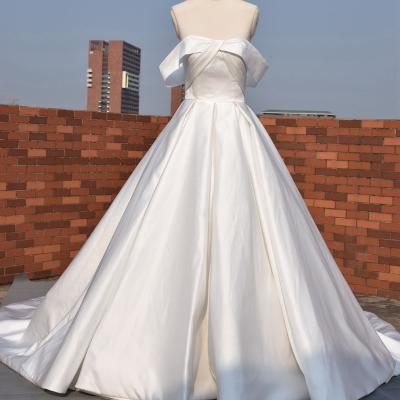 China Anti-Static Satin Off The Line Bridal Gown Wedding Dress Elegant Shoulder A Ivory Color for sale