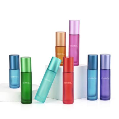 China Cosmetic Original Design 5ml 8ml 10ml Empty Coated Roll On Oil Glass Bottles With Plastic Trackball for sale