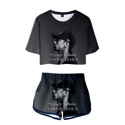 China Nipsey Hussle American Breathable Custom Made Batter Navel Short Sleeve T-shirt Shorts Set Two Piece Set Sexy Exposed Women for sale