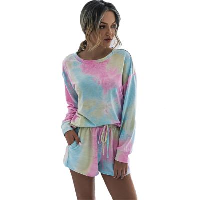 China Breathable 2020 NEW Tie Dye Long Sleeve Drawstring Elastic Waist Custom Sets Two Piece Shorts For Women Clothing for sale