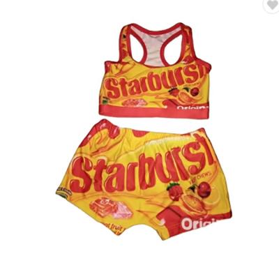 China Fashion Breathable Snack Suit Two Piece Candy Color Printed Logo High Waisted Bike Short Sets For Women for sale