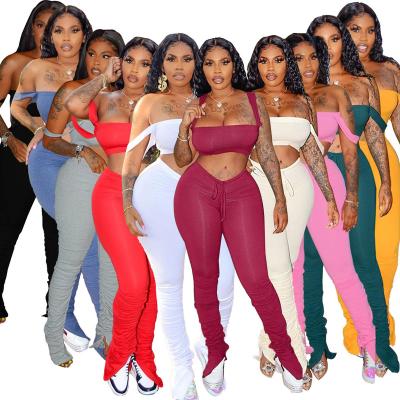 China 2020 Fashion Breathable 2 Piece Set Women Bra Strapless Backless Drawstring Stacked Pants For Women for sale