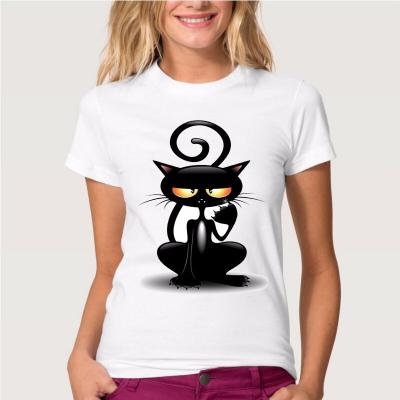 China Black Cat Breathable Funny White Round Neck 3d Printed Couples T-Shirt For Women for sale