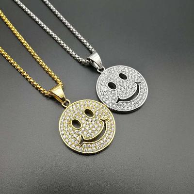 China Hip Hop Hip Hop Plated Necklace Drill Glass Iron Alloy Chain Smile Pendant Necklace for sale