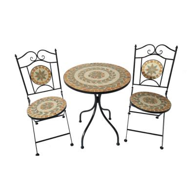 China Modern Garden Bistro Table 2 Chairs Metal Furniture Mosaic Design Patio Dining Set for sale