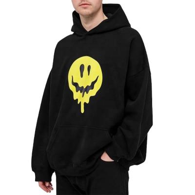 China OEM QUICK DRY Custom 100%cotton Fleece Knit Hood Small Bag Rom Fixed Grain Seal Logo Embroiderd Smiley Print Hoodie For Men for sale