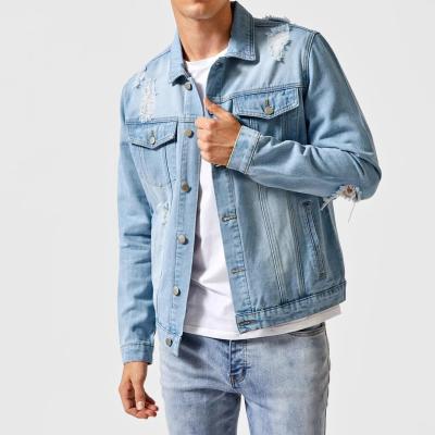 China High Quality Streetwear Mens Cotton Jeans Jacket Distressted Holes Custom Mens Denim Jacket Breathable Denim Jacket for sale