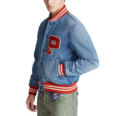 China New style breathable mens streetwear washed embroidery patch logo baseball jackets custom blue denim jackets men for sale